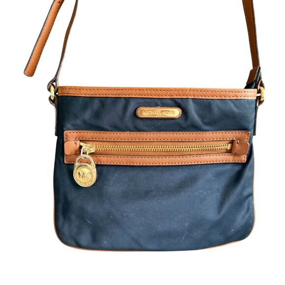Michael Kors Kempton Handbag Zip Front Crossbody Bag Navy Blue Brown - Picture 1 of 10